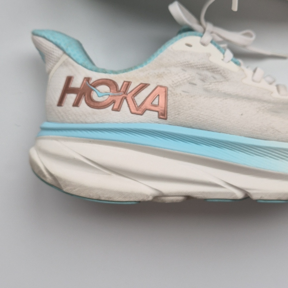 Hoka Clifton 9 White and Light Blue Athletic Running Shoes - Picture 3 of 9